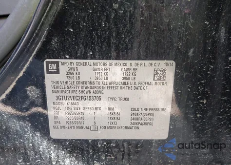 2015 GMC Sierra 1500 Slt from USA, damaged, VIN 3GTU2VEC2FG153706